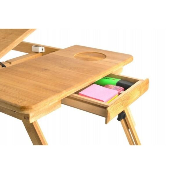 Masuta laptop din bambus multifunctionala, Malatec Pro Design, cu sertar, reglabila, pliabila, 50 x 30 cm