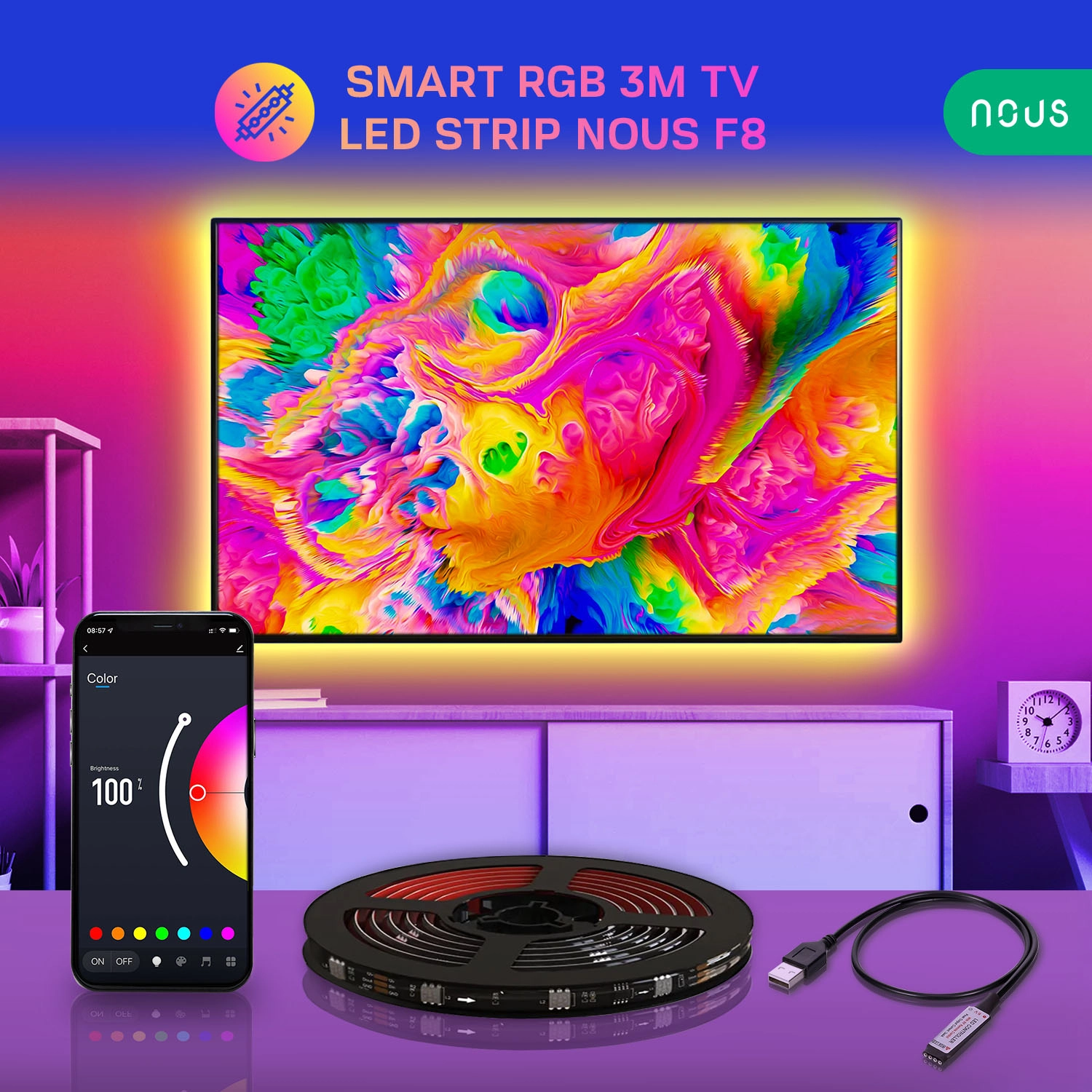 Banda LED TV RGB Nous F8 Smart USB 3 m LED 5050 Bluetooth 3