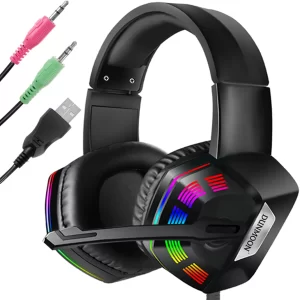Casti gaming Dunmoon High Tech cu fir, iluminare RGB, sunet clar, microfon ajustabil, negru