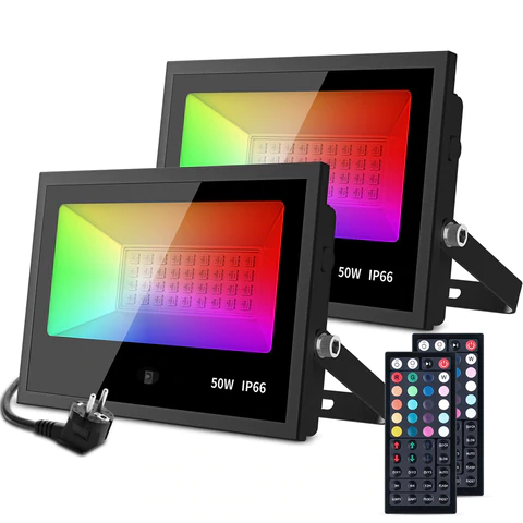Set 2 proiectoare de podea LED RGB MustWin, Telecomanda, 50W, IP66 Waterproof
