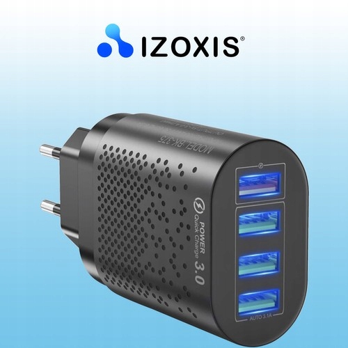Incarcator Izoxis 4 porturi USB, Fast Charge 3.1A, Cablu Lightning, USB-C si microUSB - negru
